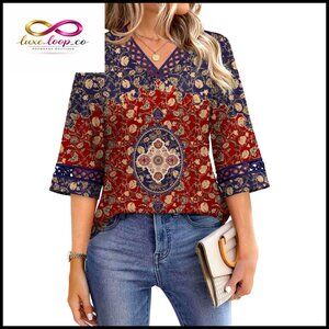 V-Neck Bell Sleeve Blouse, Eyelet Lace Trim, Loose Fit Tunic Top